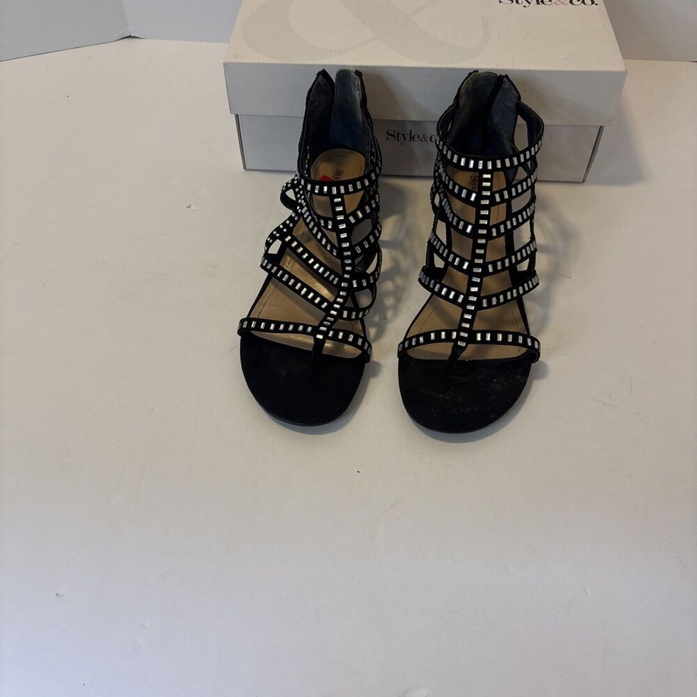 Style&co Bradey Black Beaded Zip Back Low Wedge Heel Gladiator Sandals Size 8 M